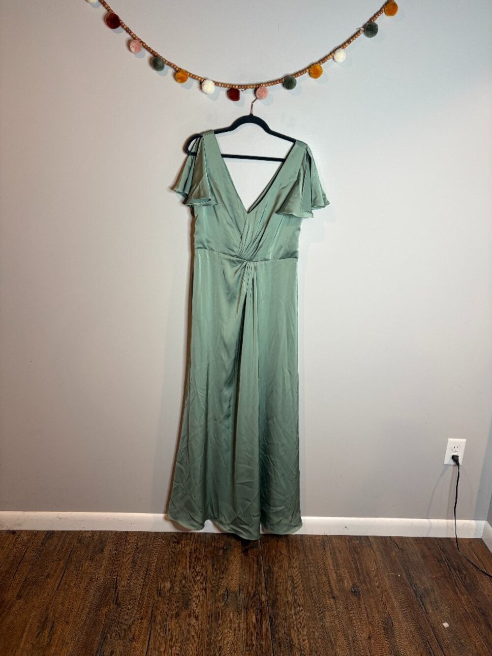 Azazie Soren Agave Green Maxi Dress Satin Stretch